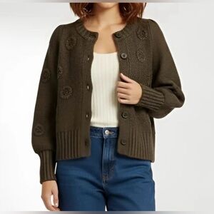 Madewell Embroidered Edencroft Pleat-Sleeve Cardigan Sweater, Green, Small